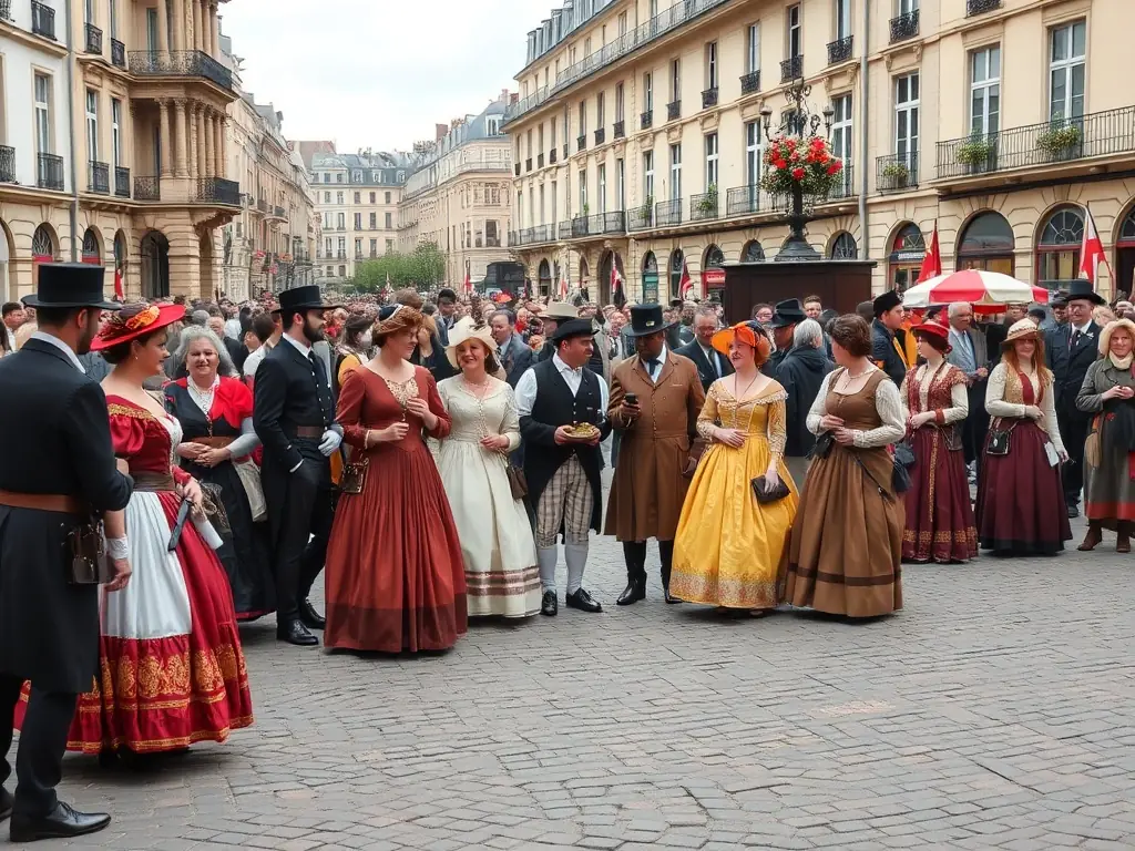 A photograph depicting a group of people participating in a historical reenactment of a key event from the Paris Commune, set in a Parisian square with period costumes and props.