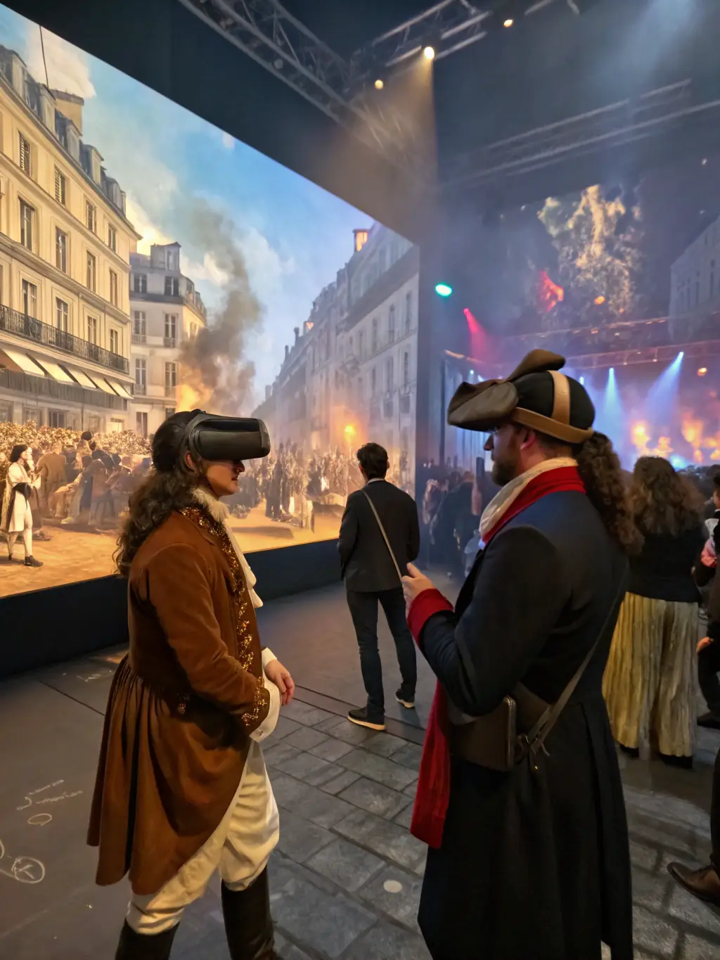 A photograph depicting a historical reenactment of a Commune de Paris event, with participants in period costumes and a crowd watching attentively.