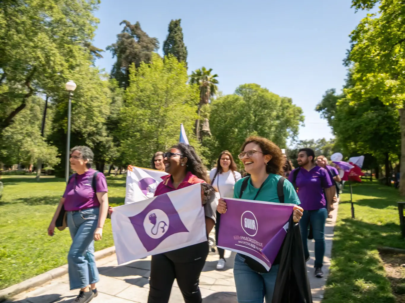 A community gathering with people discussing and celebrating the ideals of the Commune de Paris, with banners and posters promoting civic values.