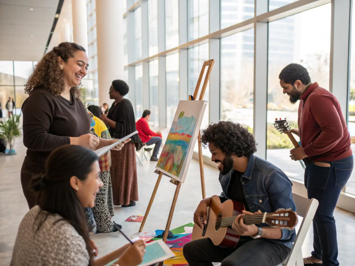 A vibrant photo of a community workshop where participants are creating artwork inspired by the Paris Commune, using various art forms like painting, sculpture, and collage.