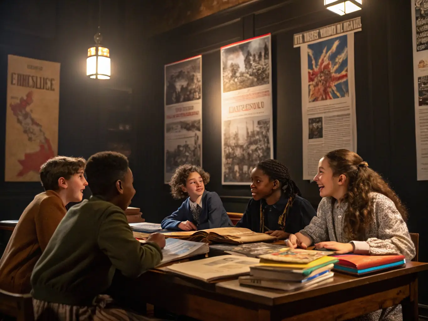 A classroom setting with a presenter discussing the Commune de Paris, with educational materials and historical documents displayed.